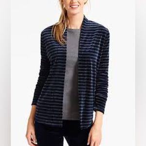 Talbots Velvet Open Front Striped Blue And Gray Cardigan